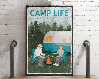 Camping Poster, Personalized Vintage Trailer in Teal