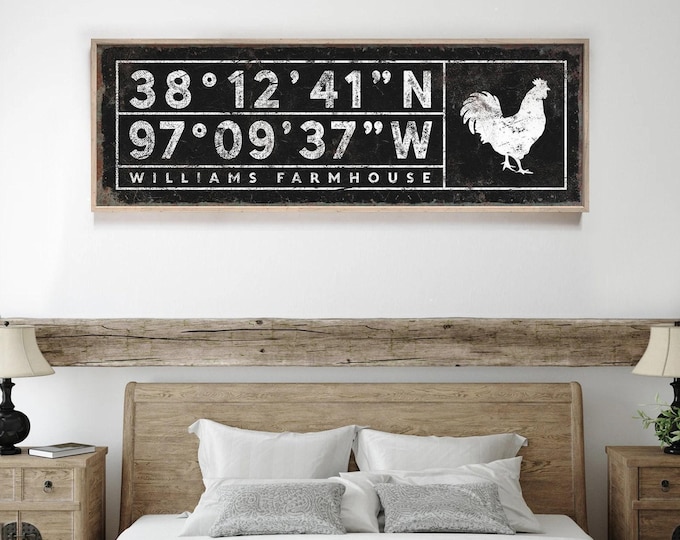 Custom rooster decor sign with GPS coordinates and farmhouse name