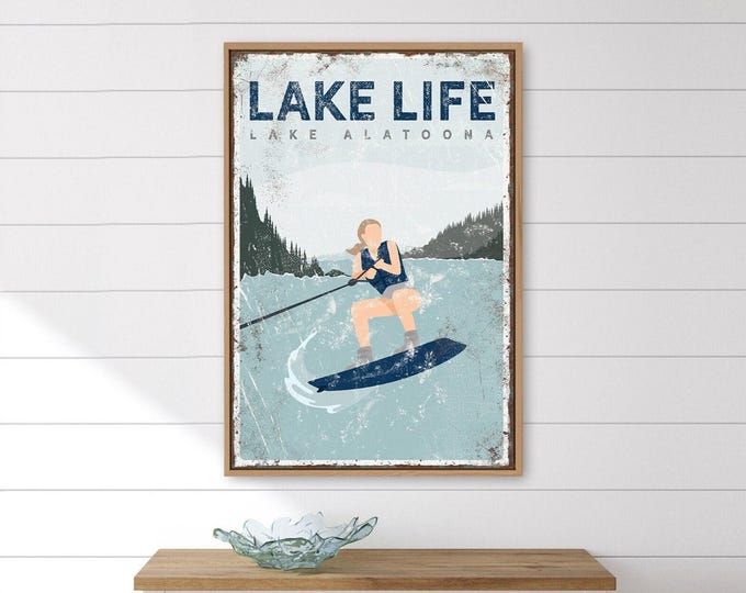 Navy Lake Sign, Wakeboarding Woman Art, Personalized Lake Name Wall Decor