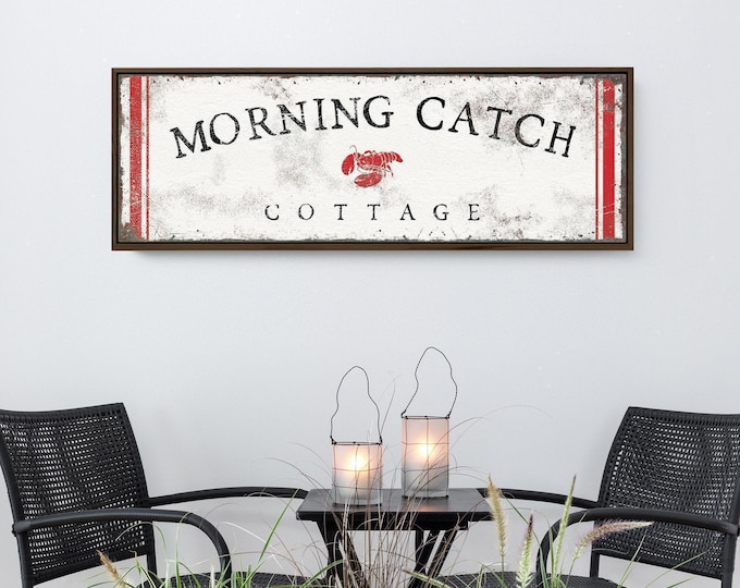 Red and White Sign with Lobster Graphic, Personalized Cottage Wall Art, Vintage Coastal Kitchen Decor