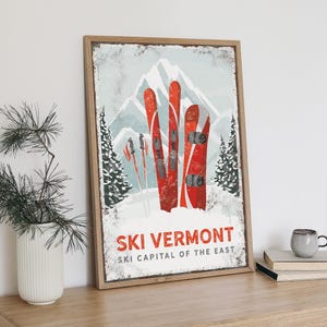Vintage Ski Vermont Sign, Ski Capital East, Mountain Lodge Decor, Rustic Snowboarder Gift, Framed Wall Art, Distressed Texture {VSS}