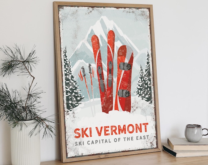 Vintage SKI VERMONT SIGN, Ski Capital of the East, Ski and Snowboard Home Decor, Custom Gift for Snowboarder, Framed Ski Lodge Wall Art, Vpw