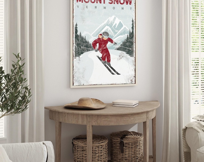 Custom MOUNT SNOW poster, maroon Vermont ski mountain wall art, vintage ski mountain canvas, ski gift for boyfriend, ski house decor {vpw}