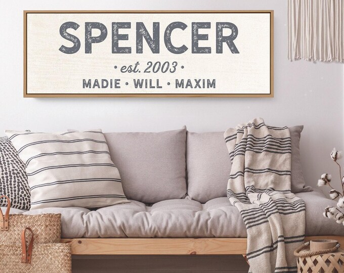 Personalized Family Name Sign: Distressed Gray Canvas with Year & Kids