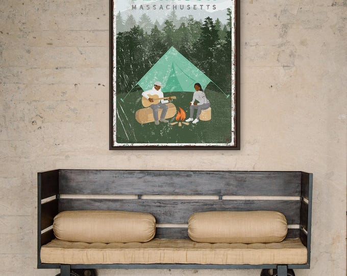 personalized vintage CAMPING poster, LAKE DENNISON camping sign, tent and campfire, couple camping by the fire, custom text {vpt}