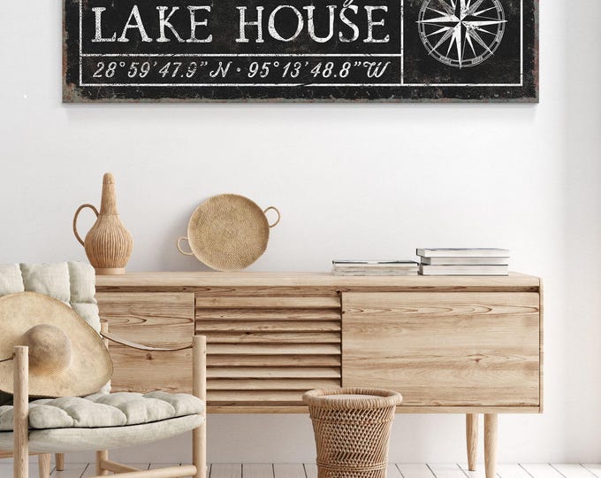 Rustic Lake House Sign - Personalized Coordinates with Compass Rose