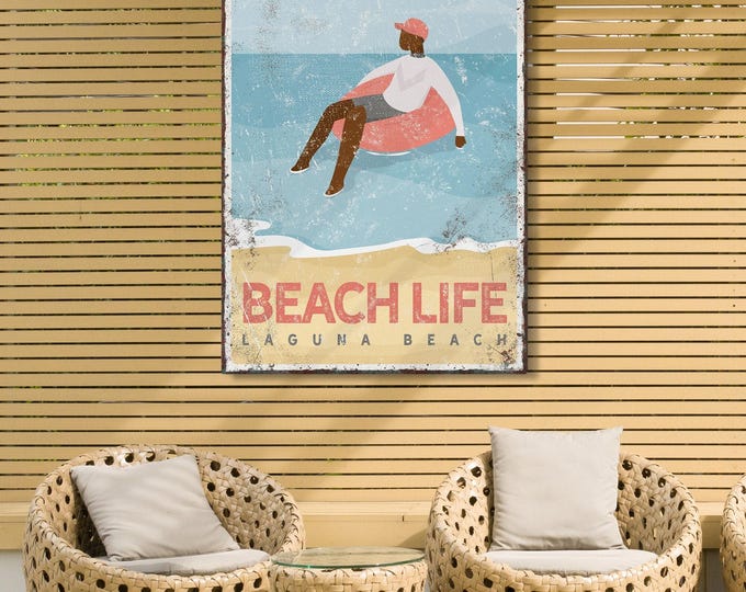 vintage BEACH LIFE poster, boy floating on water sign, can be personalized, retro Laguna Beach house decor and wall art {vpb}