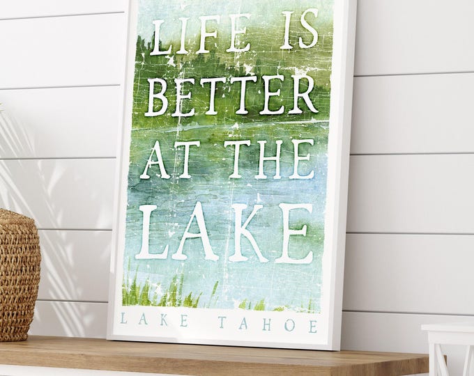 Personalized Gift, Vintage Wall Art, Lake House Decor, Custom Lake Sign, Watercolor Canvas, Relaxing Lakehouse Poster, Tahoe Home Accent