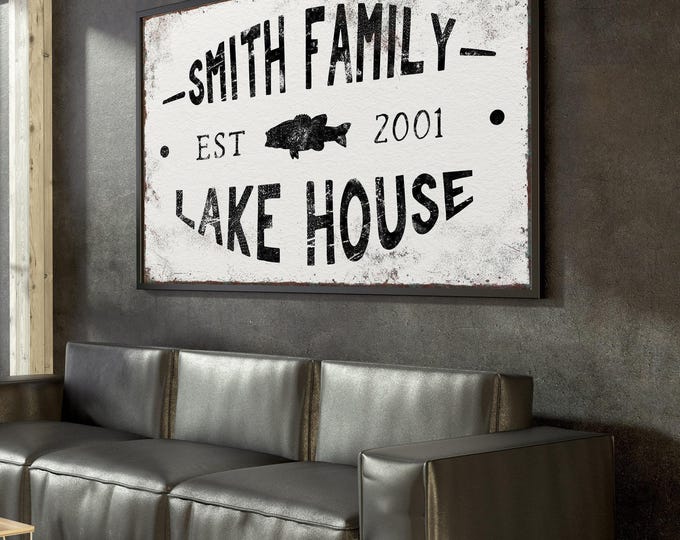 Large Mouth Bass Lake House Sign, Black and White Family Name Art, Custom Est Date