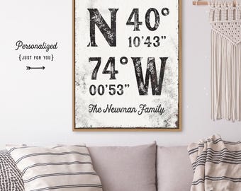 Farmhouse Coordinates Sign, Canvas Print, Black & White (Custom Size Options)