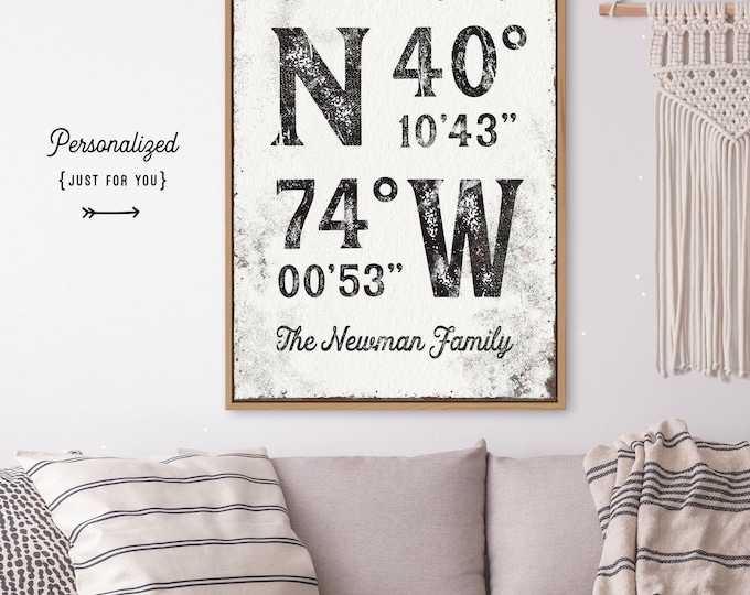 Farmhouse Coordinates Sign, Canvas Print, Black & White (Custom Size Options)
