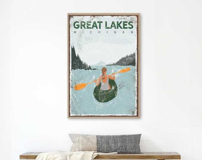 Green Lake Art, Custom Kayak Gift, Orange Paddle Pale Blue Personalized Decor