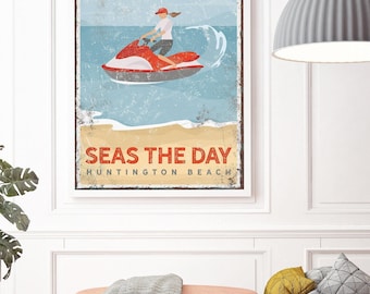 Rustic Beach Decor Sign with Jet Ski, Personalized Coastal Town Art, Vintage Surf House Wall Print
