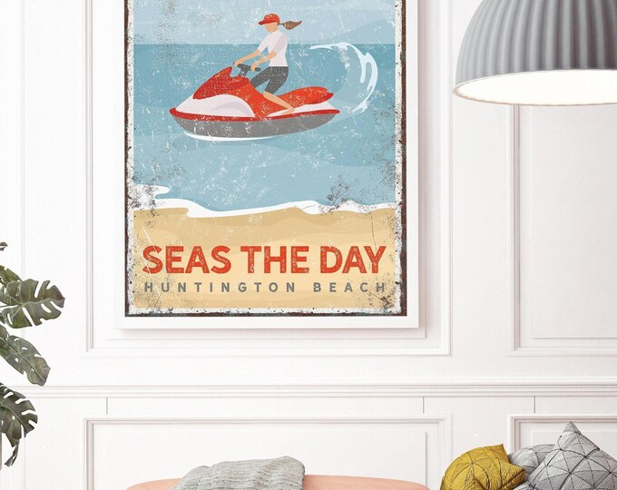 Rustic Beach Decor Sign with Jet Ski, Personalized Coastal Town Art, Vintage Surf House Wall Print