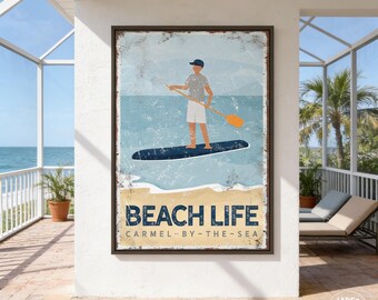 Vintage Paddle Board Print: Custom Beach House Decor (Navy Accent)