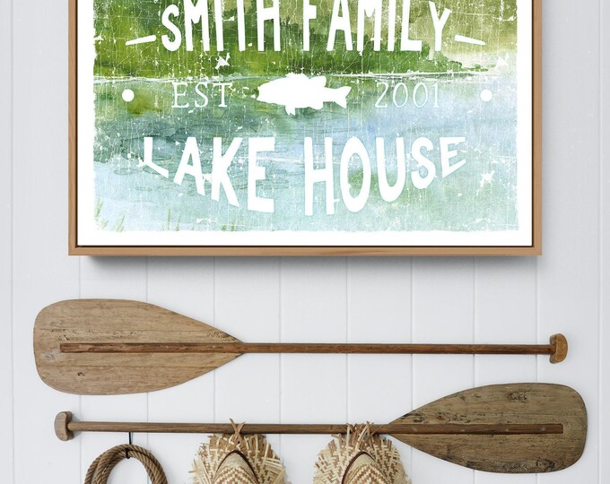 Lakehouse Canvas Sign, Watercolor Bass Fish (Custom Name & Year)