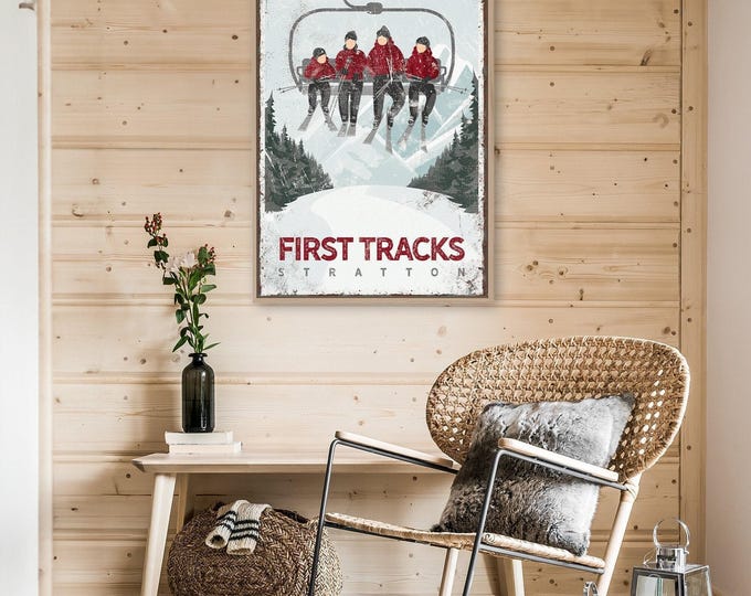 Personalized Four Person SKI LIFT Poster, Retro Ski House Decor, Vintage Maroon Mountain Lodge Wall Art, Stratton Vermont Art {vph}