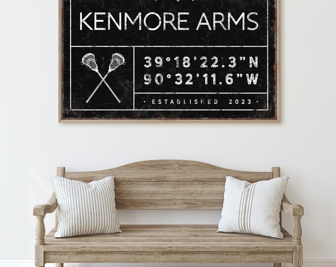 Welcome Sign: Vintage Style with Lacrosse and Coordinates (Personalized Canvas)