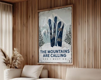 The Mountains Are Calling Ski Sign, Navy Ski and Snowboard Wall Art, Winter Lodge Decor