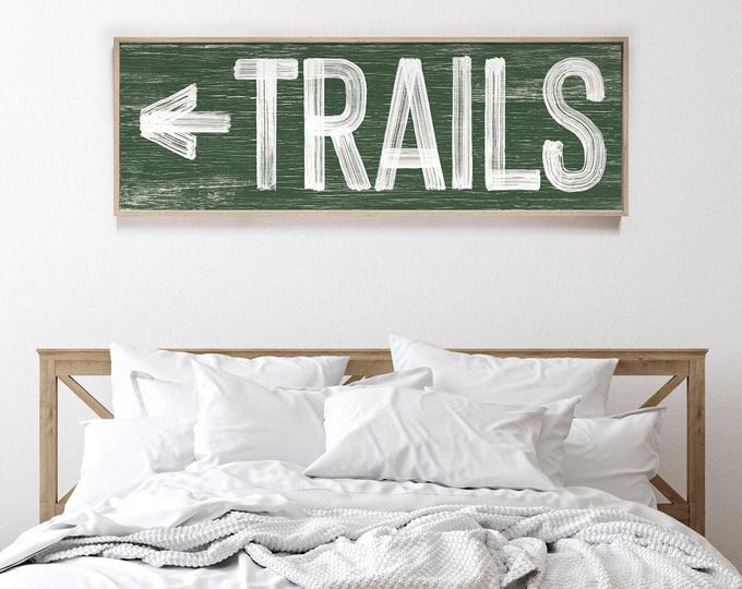 Vintage Ski Sign with Green Trails Arrow, Weathered Wood Look Canvas or Aluminum Print