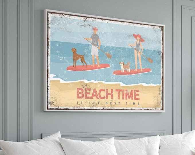 Paddleboarding Sign With Dogs, Beach Time Is The Best Time Coral Wall Art, Couples Beach Gift