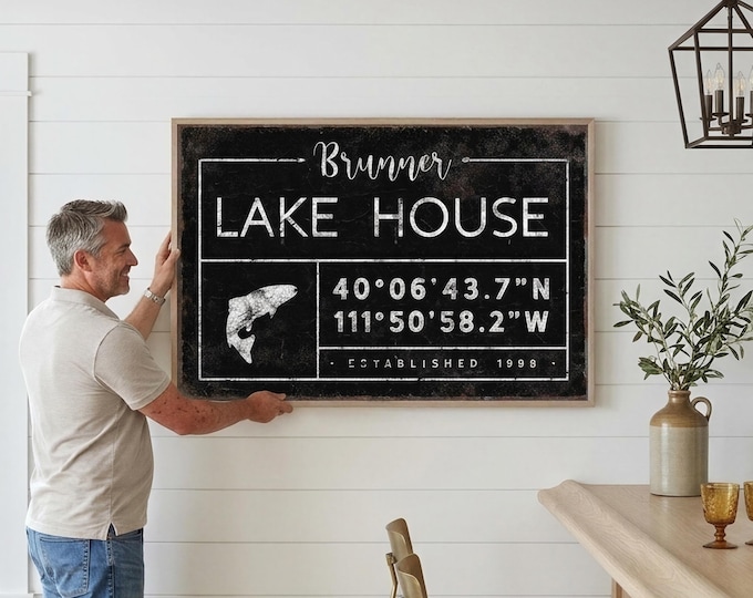 Fishing Gift Idea, Leaping Trout And GPS Coordinates, Black And White Lake House Sign