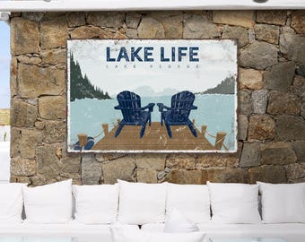 Vintage Lake House Sign - Adirondack Chairs Scene, Navy Blue