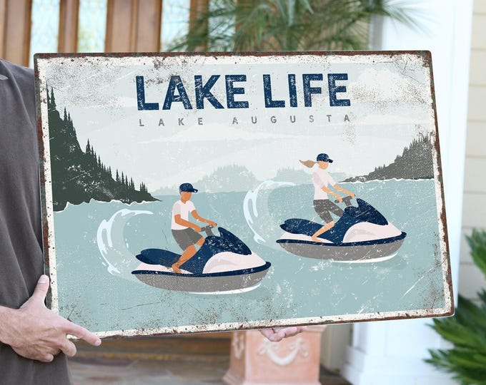 Couple On Jetskis, Lake Life Lake Augusta Sign, Personalized Lake House Decor Gift