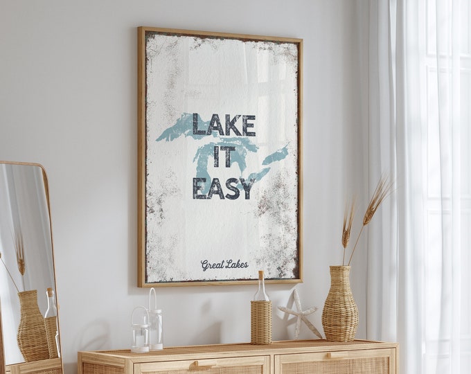 personalized lake house sign > vintage tide blue wall art for lakehouse decor, custom "lake it easy" poster with the Great Lakes {lsw}