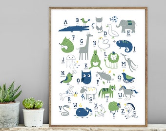 navy and green alphabet sign / wall art print DIY / letters, animal ALPHABET poster / green and blue nursery sign ▷ digital printable sign