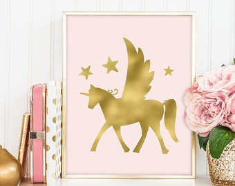 unicorn pegasus fantasy sign / wall art print DIY / GOLDEN BLUSH / glitter gold and pink / nursery sign ▷digital printable sign