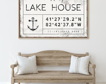 Lakehouse Sign, Nautical Wall Art, Family Name Sign, Vintage Lake Decor, Custom Anchor Canvas, Latitude Longitude Coordinates {gdw}