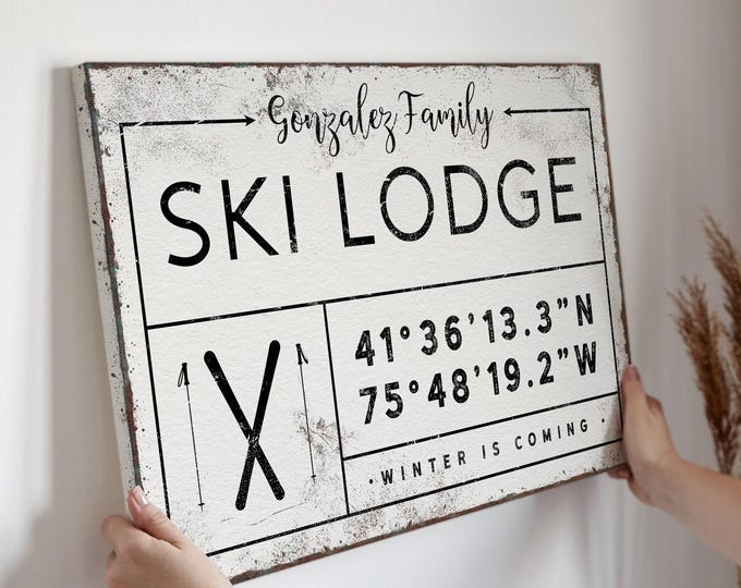 Family Name Sign, Rustic Last Name, Custom Coordinates, Vintage Ski Lodge Canvas, Personalized Winter Wall Art, Mountain Decor Gift