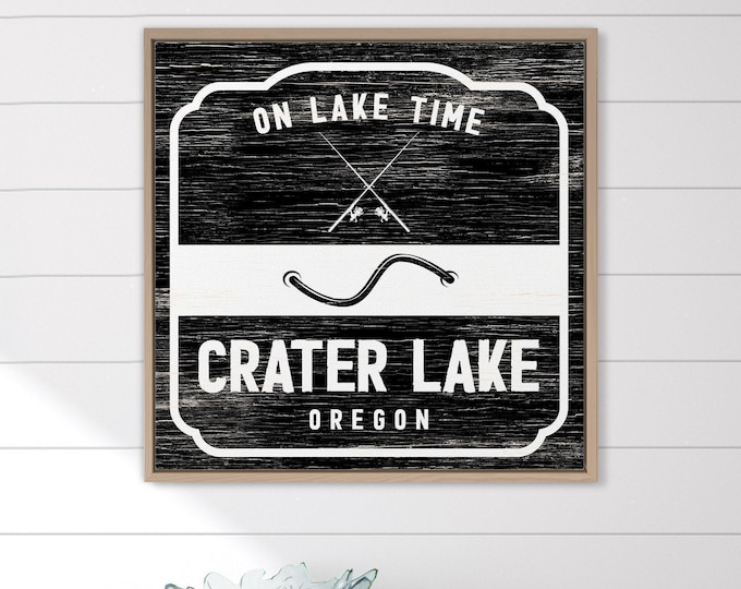 Lake Fishing Art, Crater Lake Oregon Sign, Black And White Lake Gift for Dad