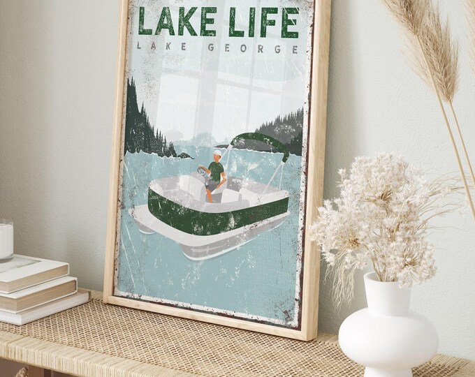 vintage LAKE LIFE sign with pontoon boat, retro Lake George wall art, can be personalized, for lake house decor, green farmhouse art {vpl}