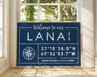 Personalized Lanai Sign: Family Name, Coordinates, Navy Blue Canvas