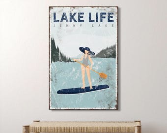 navy LAKE LIFE sign > personalized paddleboarding poster for vintage lake house decor, paddle board gift for her, Jenny Lake art {vpl}