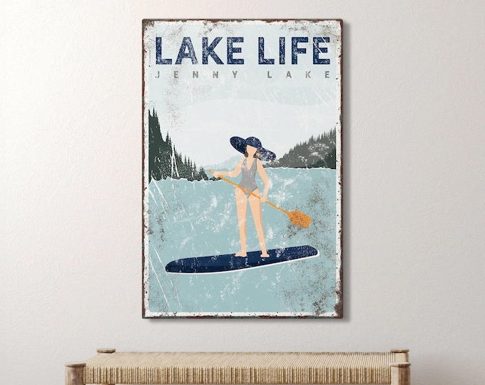 navy LAKE LIFE sign > personalized paddleboarding poster for vintage lake house decor, paddle board gift for her, Jenny Lake art {vpl}