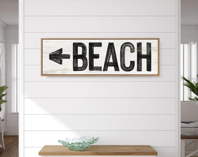 Black And White Sign, Beach House Decor, Faux Weathered Wood, Large Coastal Arrow Sign, Farmhouse Style Canvas, Unique Wall Art Gift