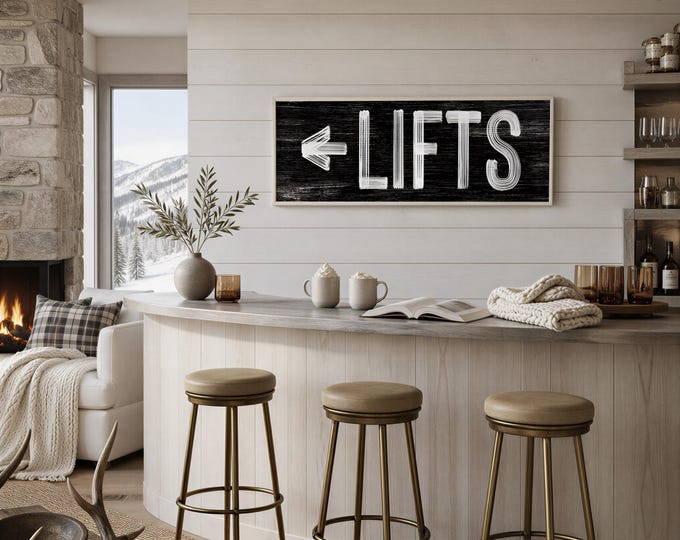 Retro Ski Lifts Sign: Black and White, Faux Weathered Wood