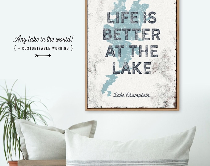 Distressed Lake Sign, Lake Champlain Art, Dusty Blue Decor, Rustic Canvas Print, Coastal Farmhouse Wall Hanging, Wood Frame Gift {lsw}