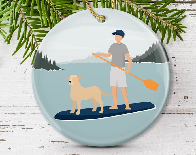 Personalized Paddleboard Ornament: Yellow Lab Dog Dad, Custom Lake Name