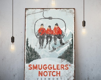 Mountain Cabin Art, Smugglers Notch Vermont Chairlift Poster, Winter Ski Lodge Wall Decor