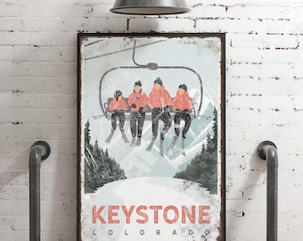 Personalized Four Person SKI LIFT Poster, Retro Ski House Decor, Vintage Coral Pink Mountain Lodge Wall Art, Keystone Colorado Art {vph}