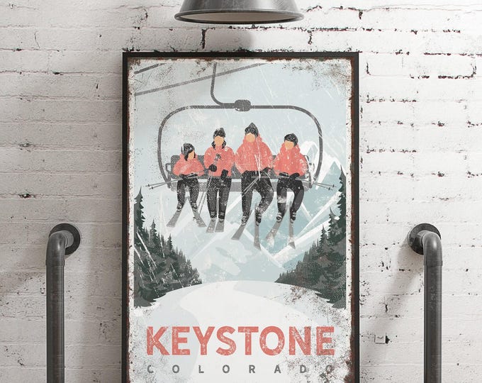 Personalized Four Person SKI LIFT Poster, Retro Ski House Decor, Vintage Coral Pink Mountain Lodge Wall Art, Keystone Colorado Art {vph}