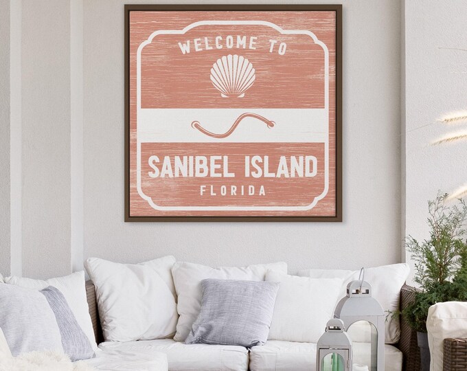 Island Sign with Scallop Shell Badge, Personalized Beach Town Welcome Print, Terracotta Coastal Art