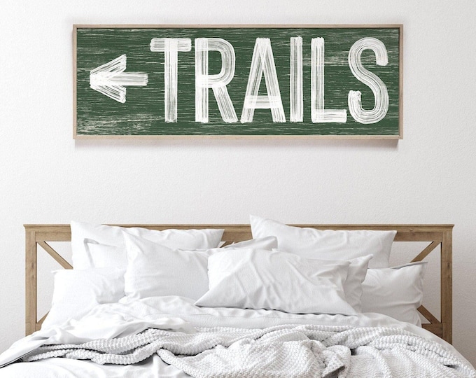 Hand Lettered Sign with a Trails Arrow for Mountain Lodge Entryways