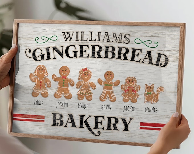 Gingerbread Family Wall Art: Personalized Christmas Sign - Rustic Frame