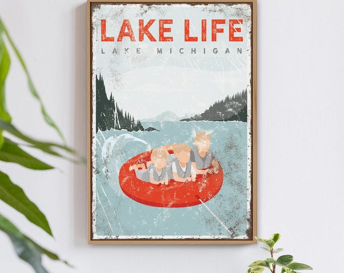 LAKE LIFE sign with red accent, personalized family tubing poster, vintage lake house decor, water tubing on lake michigan poster {vpl}