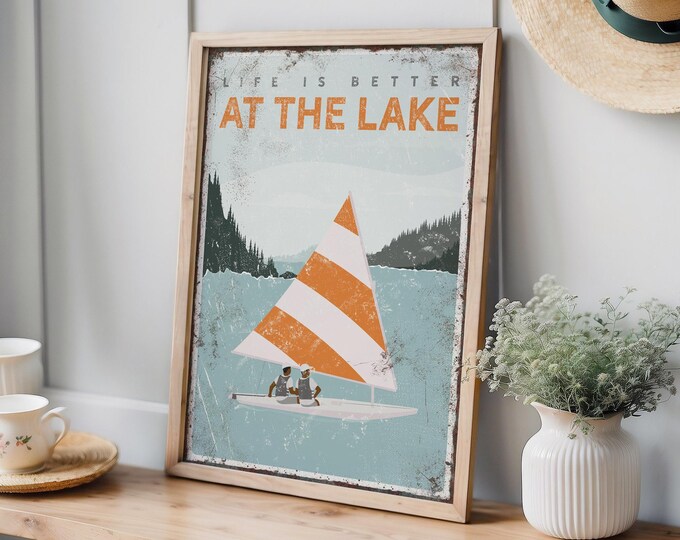 Life is Better at the Lake Poster, Orange and White Sailboat, Sailing Gift for Dad, Father and Son Sailing, Personalized Sailing Art (vpl)
